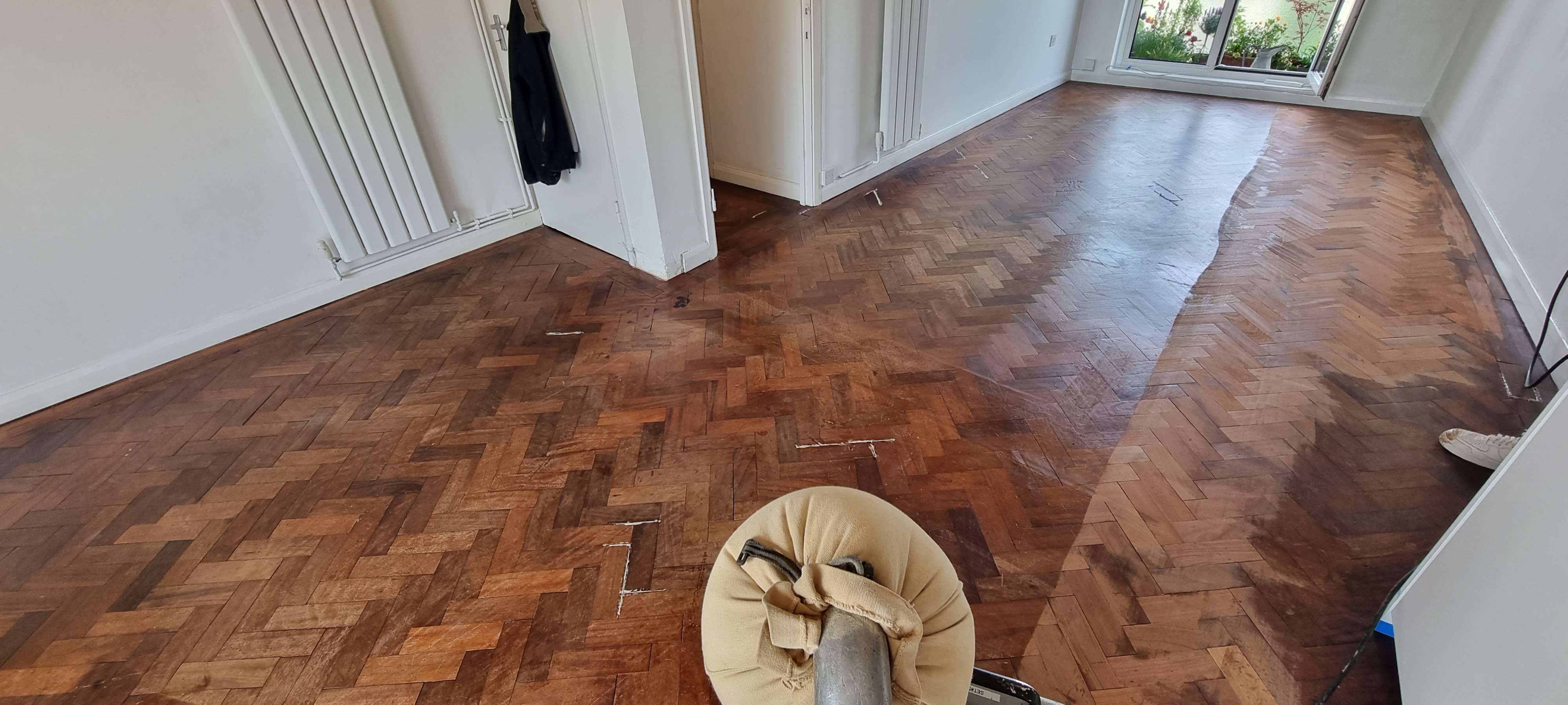 Parquet floor after sanding work in NW5