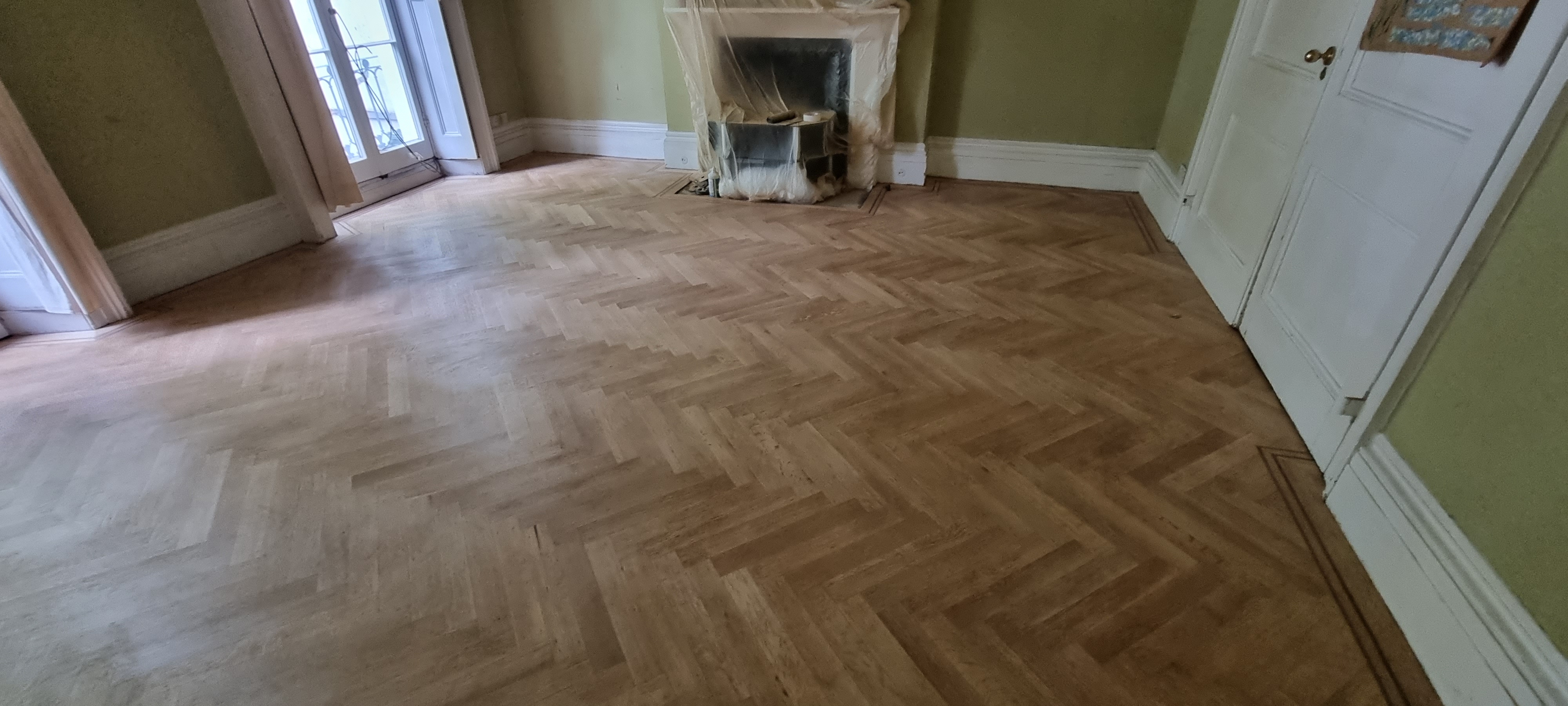 Herringbone Parquet floor after sanding work in W11